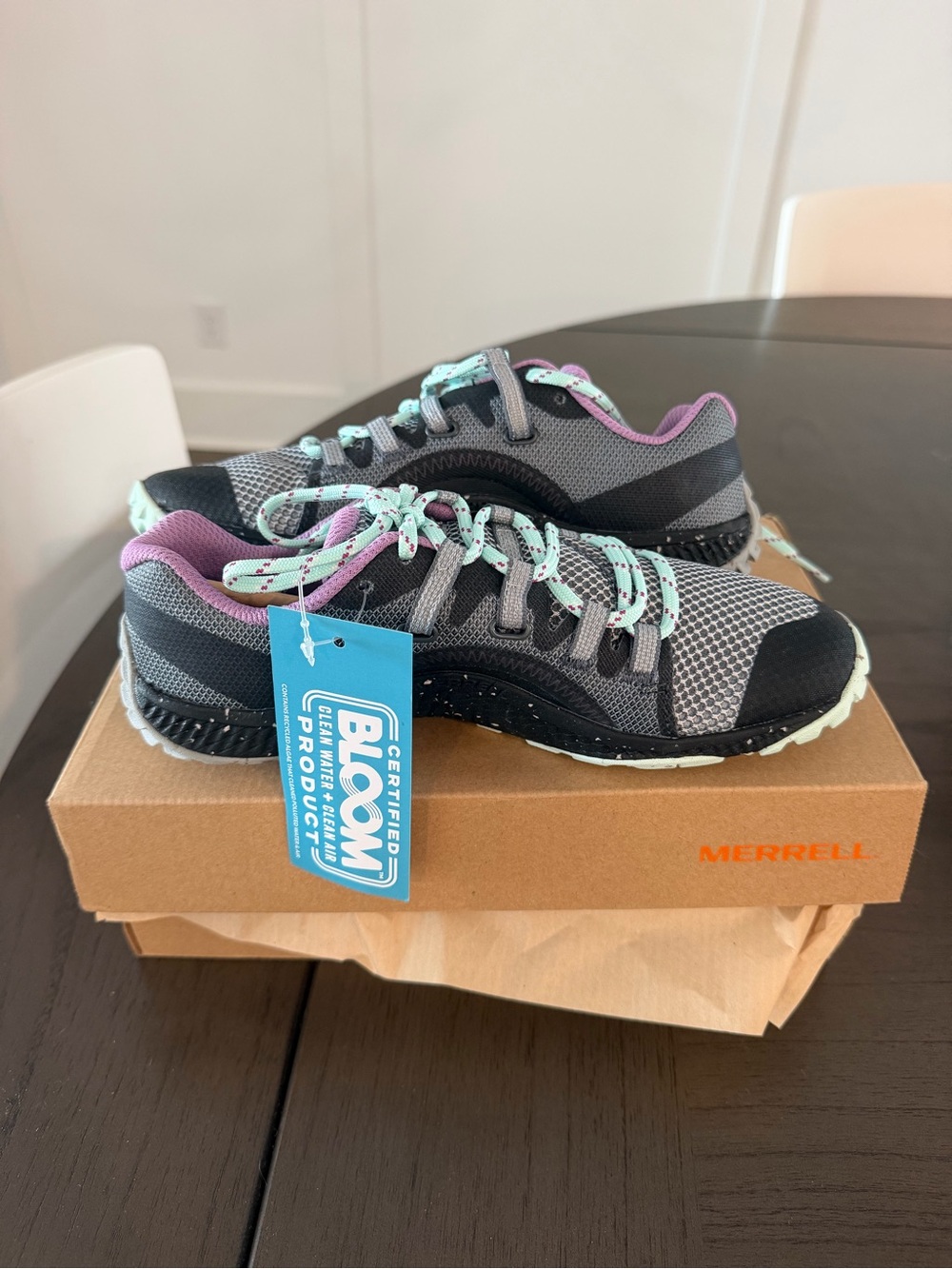 Merrell Women’s Gray Sneakers with Purple Trim and Mint Laces